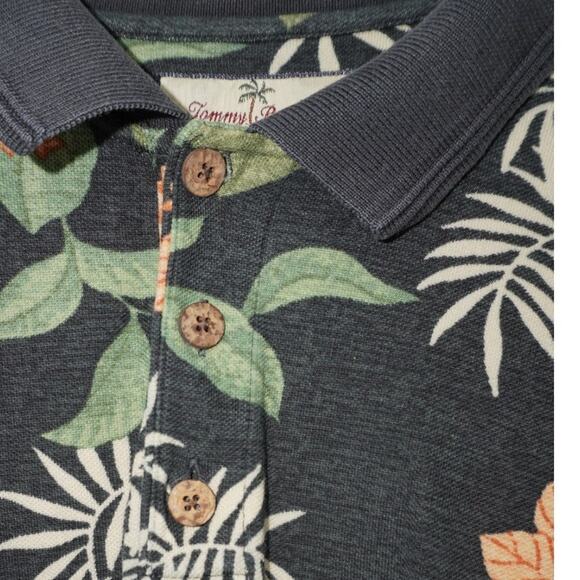 Tommy Bahama XL Silk Cotton Blend Polo Shirt Black Tropical Floral Palm Tree - Picture 3 of 6